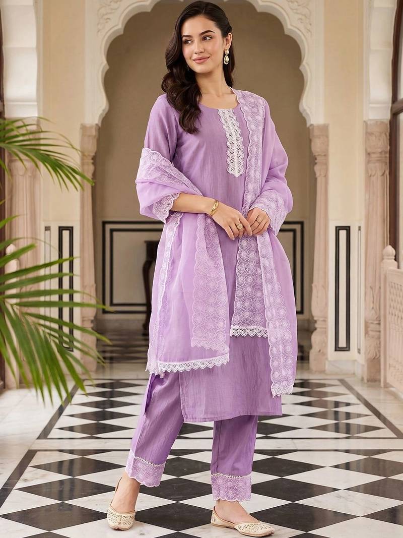 women ethnic motifs embroidered regular thread work kurta with trousers & with dupatta