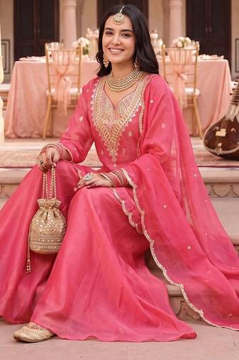 women ethnic motifs embroidered regular kurta with sharara & with dupatta