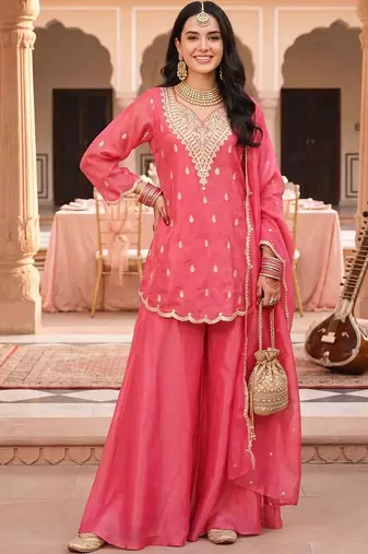 women ethnic motifs embroidered regular kurta with sharara & with dupatta