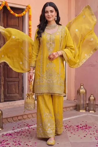 women ethnic motifs embroidered regular mirror work kurta with palazzos & with dupatta