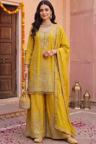 women ethnic motifs embroidered regular mirror work kurta with palazzos & with dupatta
