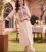 women ethnic motifs embroidered regular thread work kurta with palazzos
