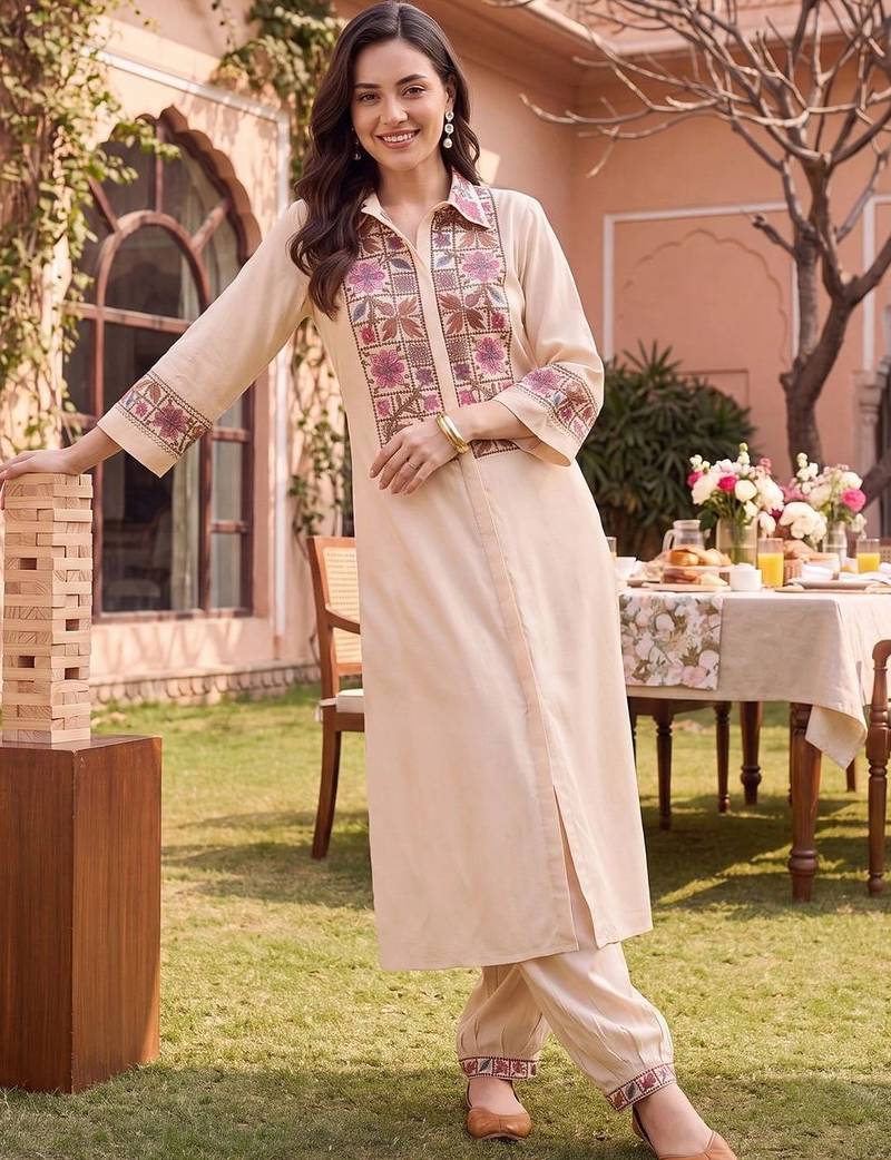 women ethnic motifs embroidered regular thread work kurta with palazzos