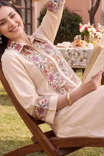 women ethnic motifs embroidered regular thread work kurta with palazzos