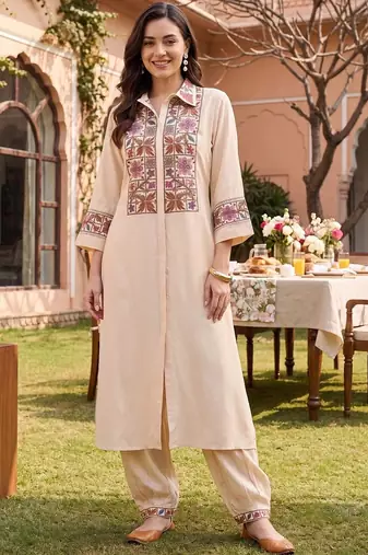 women ethnic motifs embroidered regular thread work kurta with palazzos