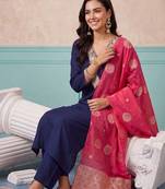women ethnic motifs embroidered regular kurta with trousers & with dupatta