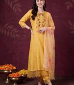 women floral regular thread work cotton kurta with trousers & with dupatta