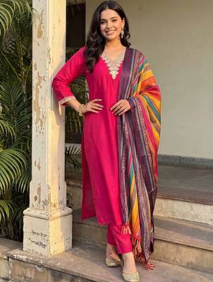women regular thread work kurta with trousers & with dupatta 1
