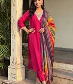 women regular thread work kurta with trousers & with dupatta