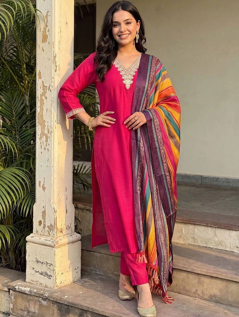women regular thread work kurta with trousers & with dupatta