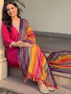 women regular thread work kurta with trousers & with dupatta 4