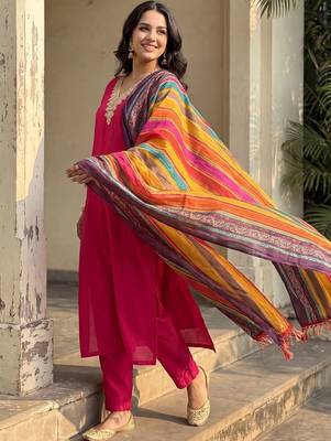 women regular thread work kurta with trousers & with dupatta 5