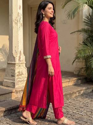 women regular thread work kurta with trousers & with dupatta 6