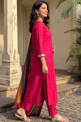 women regular thread work kurta with trousers & with dupatta