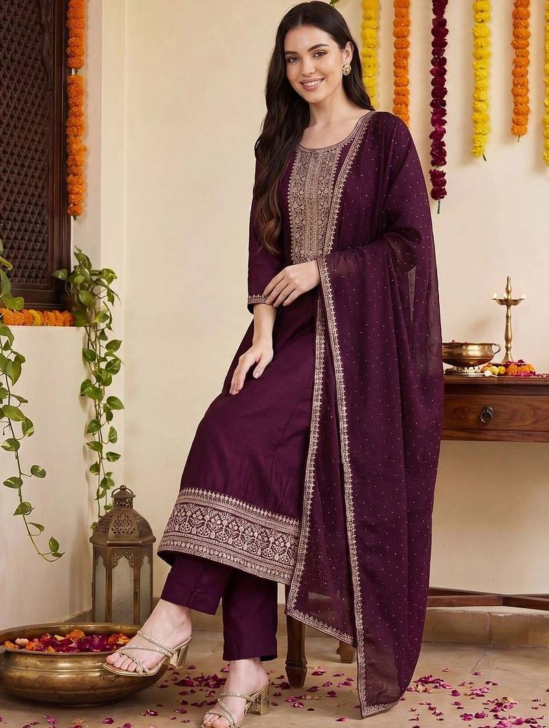 women ethnic motifs embroidered regular thread work kurta with trousers & with dupatta