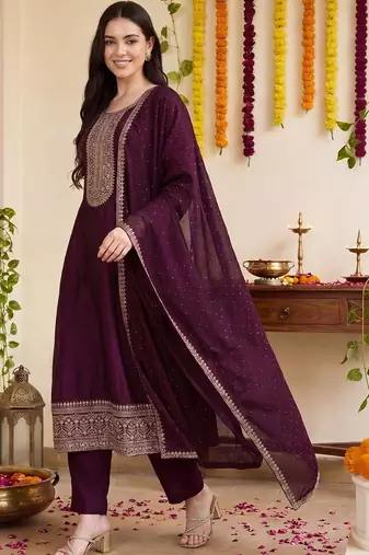 women ethnic motifs embroidered regular thread work kurta with trousers & with dupatta
