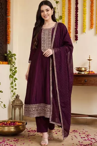 women ethnic motifs embroidered regular thread work kurta with trousers & with dupatta