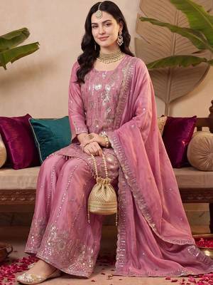 women ethnic motifs embroidered regular sequinned kurta with palazzos & with dupatta 1