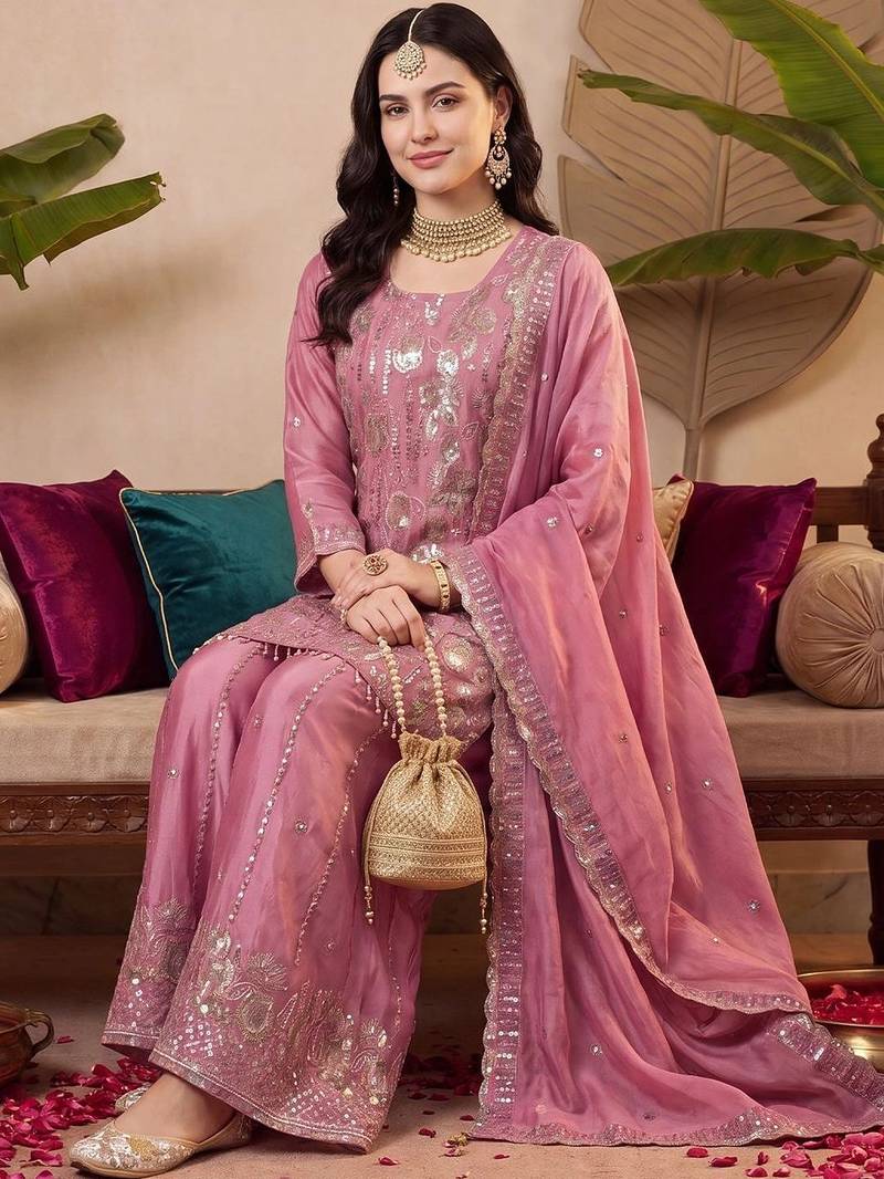 women ethnic motifs embroidered regular sequinned kurta with palazzos & with dupatta
