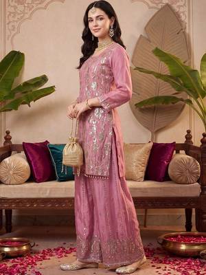 women ethnic motifs embroidered regular sequinned kurta with palazzos & with dupatta 4