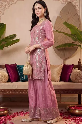 women ethnic motifs embroidered regular sequinned kurta with palazzos & with dupatta