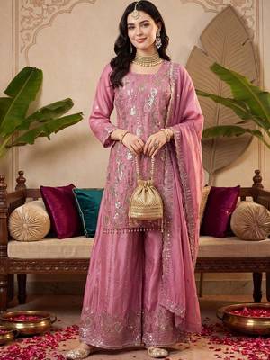 women ethnic motifs embroidered regular sequinned kurta with palazzos & with dupatta 5