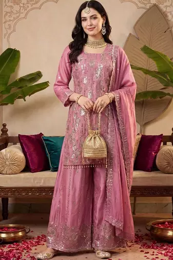 women ethnic motifs embroidered regular sequinned kurta with palazzos & with dupatta