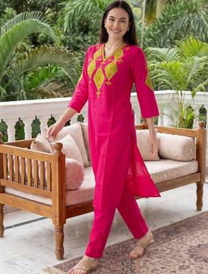 women ethnic motifs embroidered regular thread work cotton kurta with trousers 1