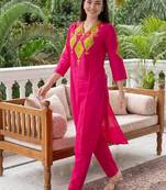 women ethnic motifs embroidered regular thread work cotton kurta with trousers