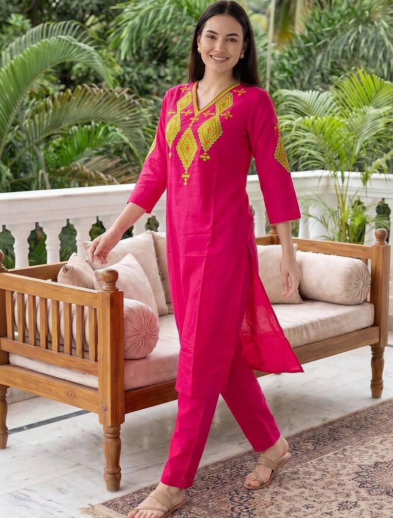 women ethnic motifs embroidered regular thread work cotton kurta with trousers