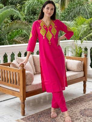 women ethnic motifs embroidered regular thread work cotton kurta with trousers 6