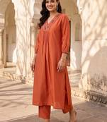 women ethnic motifs embroidered regular mirror work liva kurta with trousers
