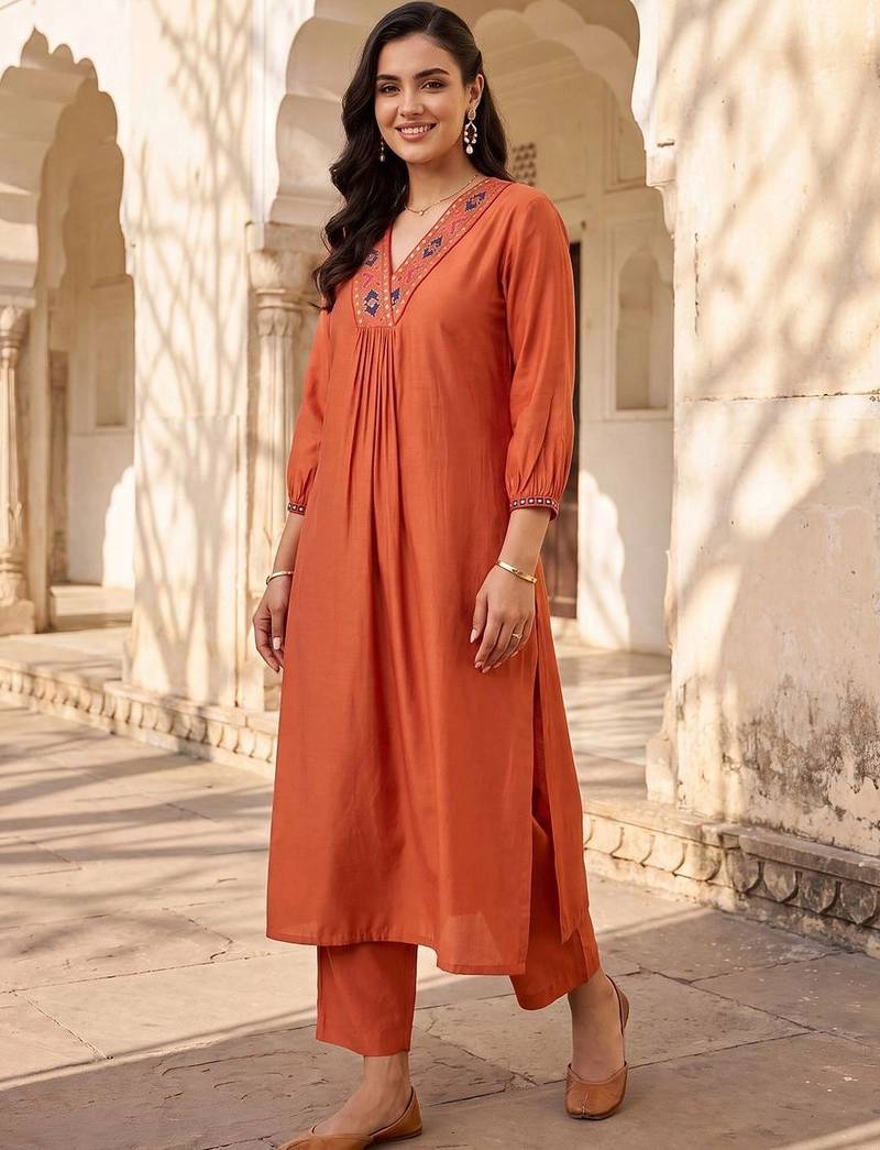 women ethnic motifs embroidered regular mirror work liva kurta with trousers