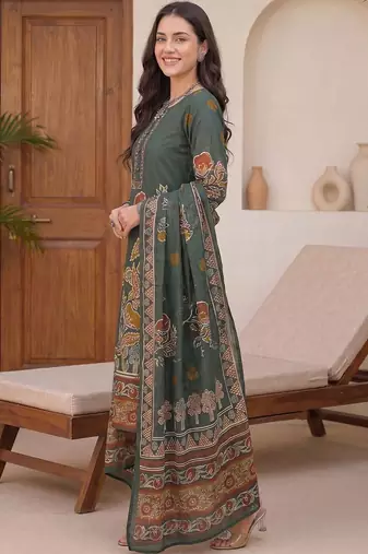 women floral printed regular cotton kurta with trousers & with dupatta