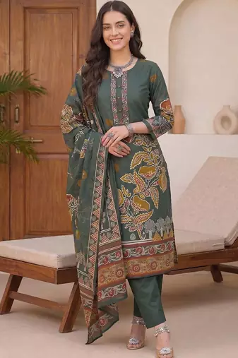 women floral printed regular cotton kurta with trousers & with dupatta