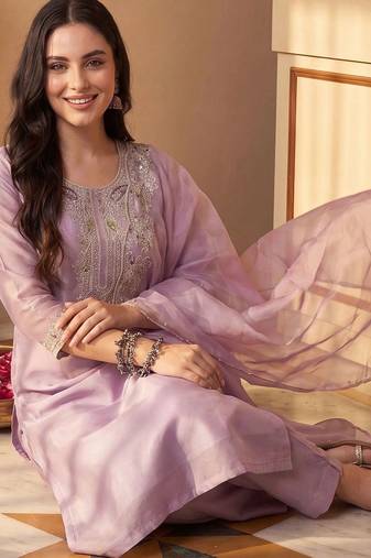 ethnic motifs embroidered mirror work liva kurta with trousers & dupatta