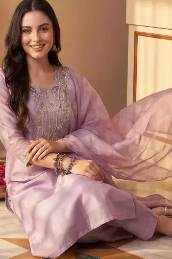 ethnic motifs embroidered mirror work liva kurta with trousers & dupatta