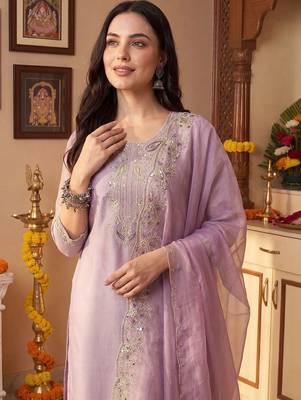 ethnic motifs embroidered mirror work liva kurta with trousers & dupatta 2