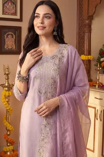 ethnic motifs embroidered mirror work liva kurta with trousers & dupatta
