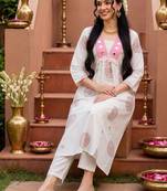women ethnic motifs printed empire mirror work cotton kurta with trousers