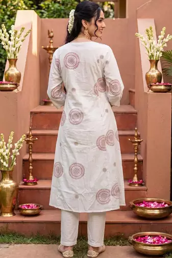 women ethnic motifs printed empire mirror work cotton kurta with trousers