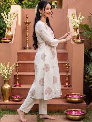 women ethnic motifs printed empire mirror work cotton kurta with trousers 4