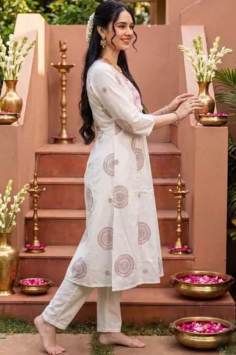 women ethnic motifs printed empire mirror work cotton kurta with trousers