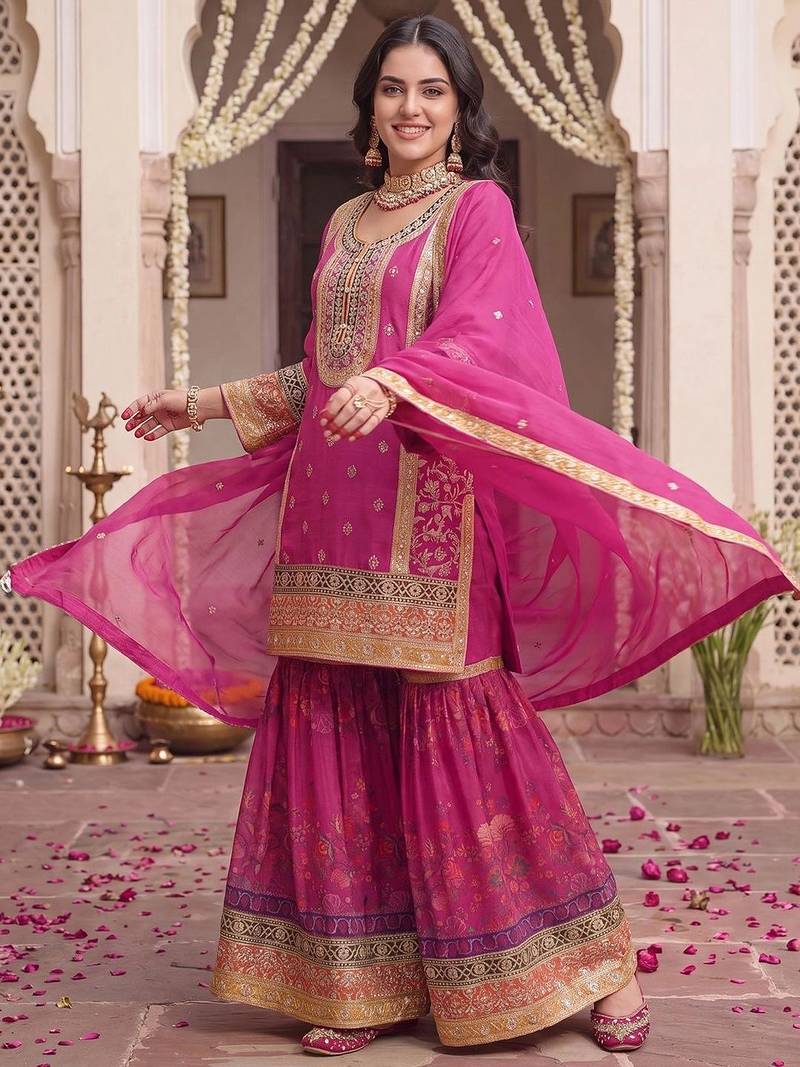 women ethnic motifs embroidered regular kurta with sharara & with dupatta