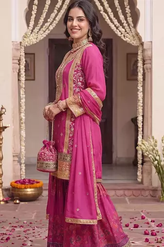 women ethnic motifs embroidered regular kurta with sharara & with dupatta