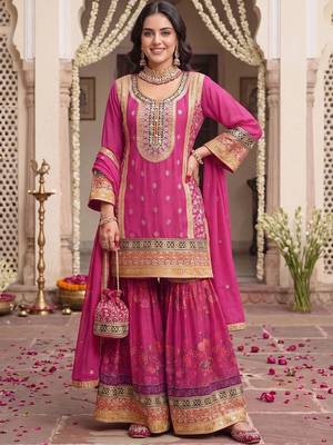 women ethnic motifs embroidered regular kurta with sharara & with dupatta 6