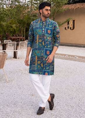 Blue heavy crepe kurta set with thread & sequin embroidery 1