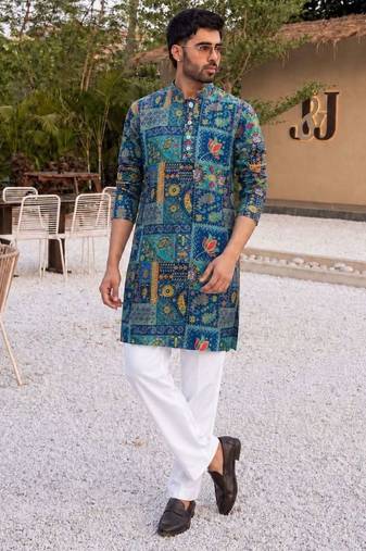 Blue heavy crepe kurta set with thread & sequin embroidery