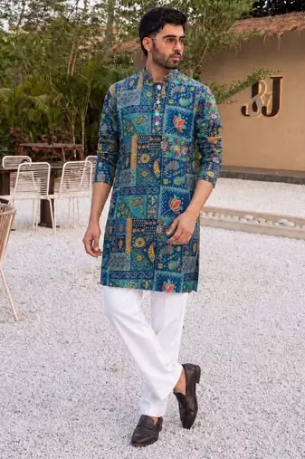 Blue heavy crepe kurta set with thread & sequin embroidery