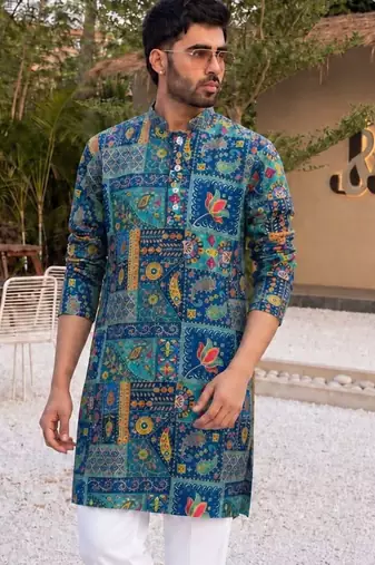 Blue heavy crepe kurta set with thread & sequin embroidery
